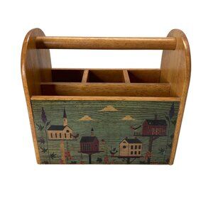 Vintage Wooden Caddy Folk Art Birdhouse Rustic Organizer with Handle